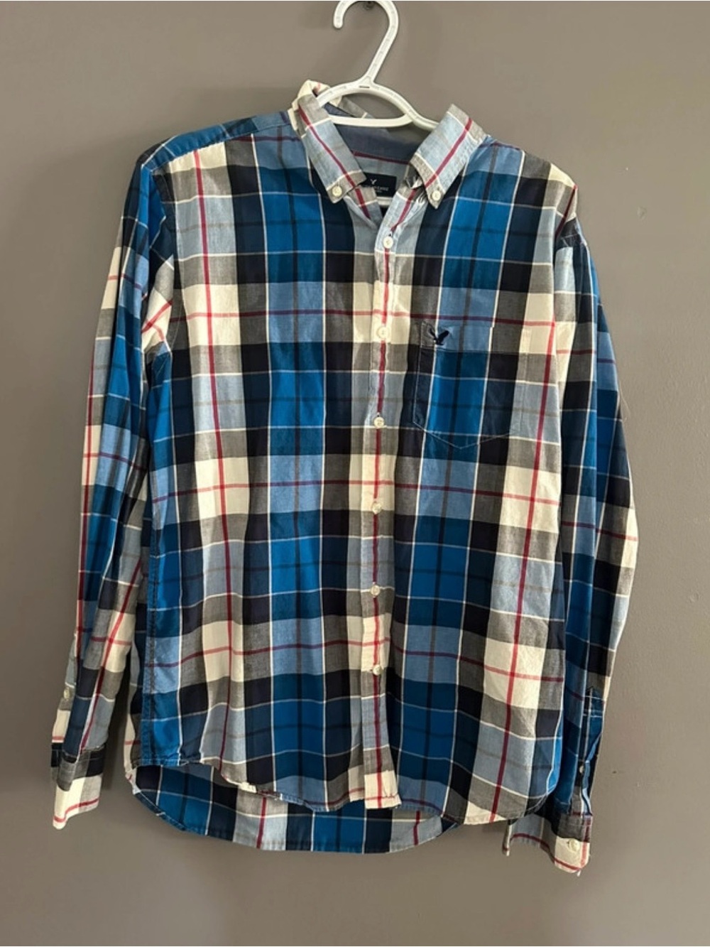 Men's American Eagle Blue Plaid Button-Down Shirt